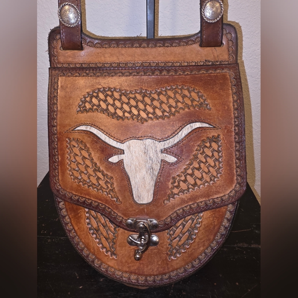 Vintage Handcrafted Brown Leather Men’s Tooled Longhorn Satchel